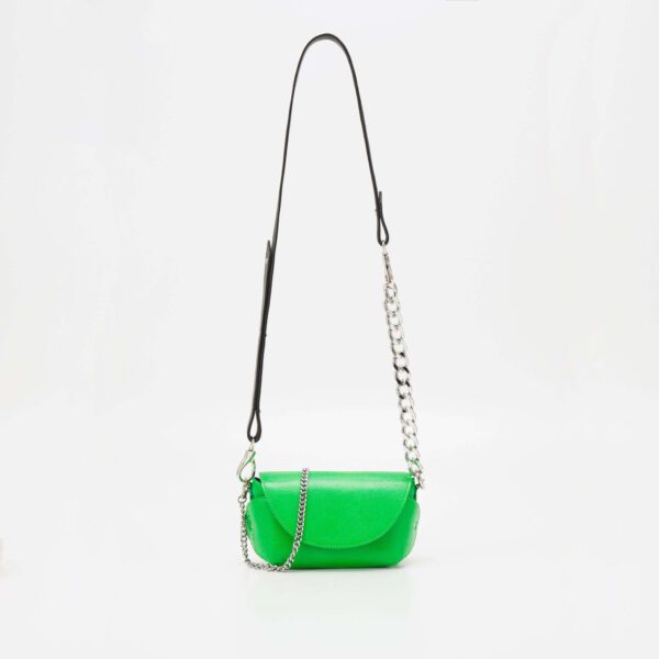 Handmade neon green leather crossbody bag with silver hardware